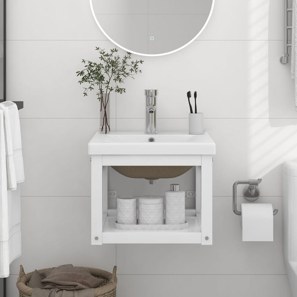 Vidaxl Kúpeľňová kabína so zabudovaným umývadlom, biela, železná